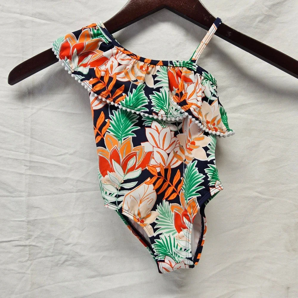 Janie and Jack One Piece Swimsuit Kids 2T Navy Orange Tropical Floral Pom Trim‎